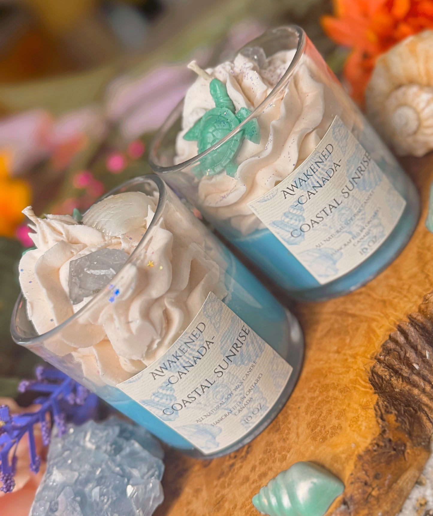 “Coastal Sunrise” Hand Poured Soy Wax candle with Celestine gemstone
