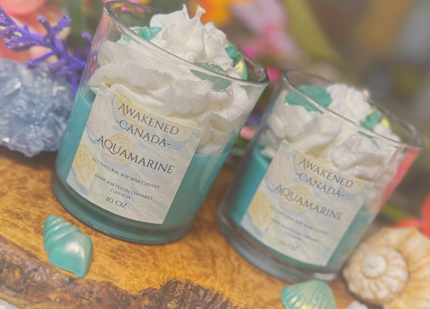 “Aquamarine” Hand Poured Soy Wax Candle with gemstone