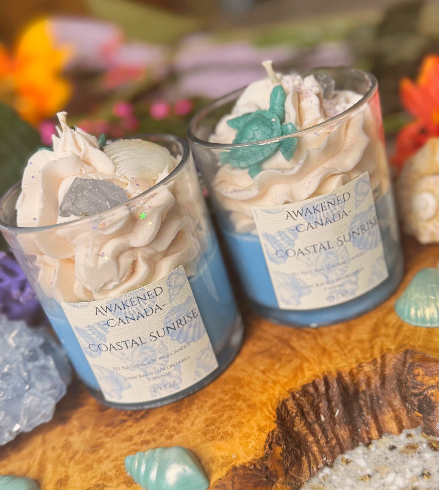 “Coastal Sunrise” Hand Poured Soy Wax candle with Celestine gemstone