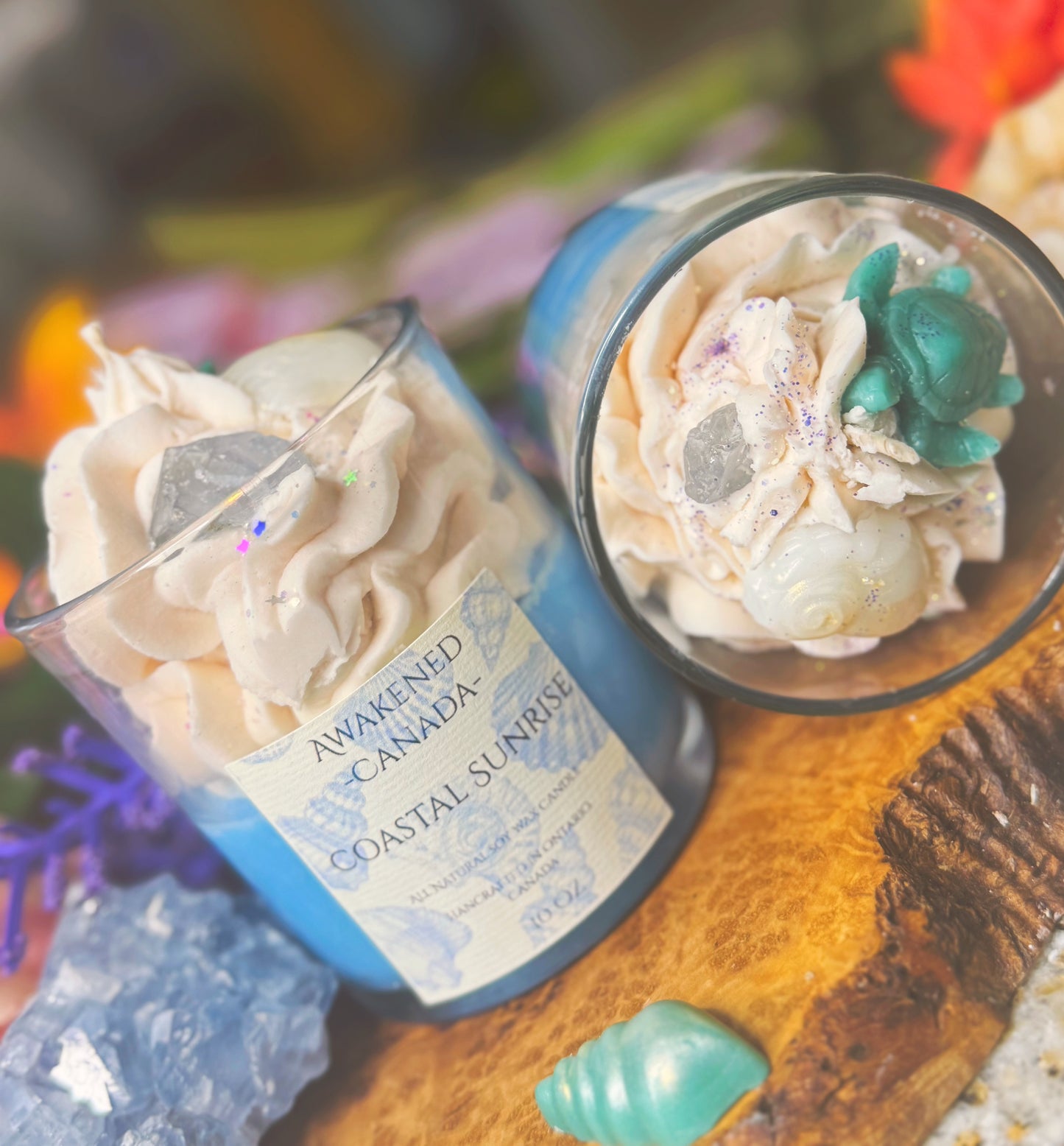 “Coastal Sunrise” Hand Poured Soy Wax candle with Celestine gemstone