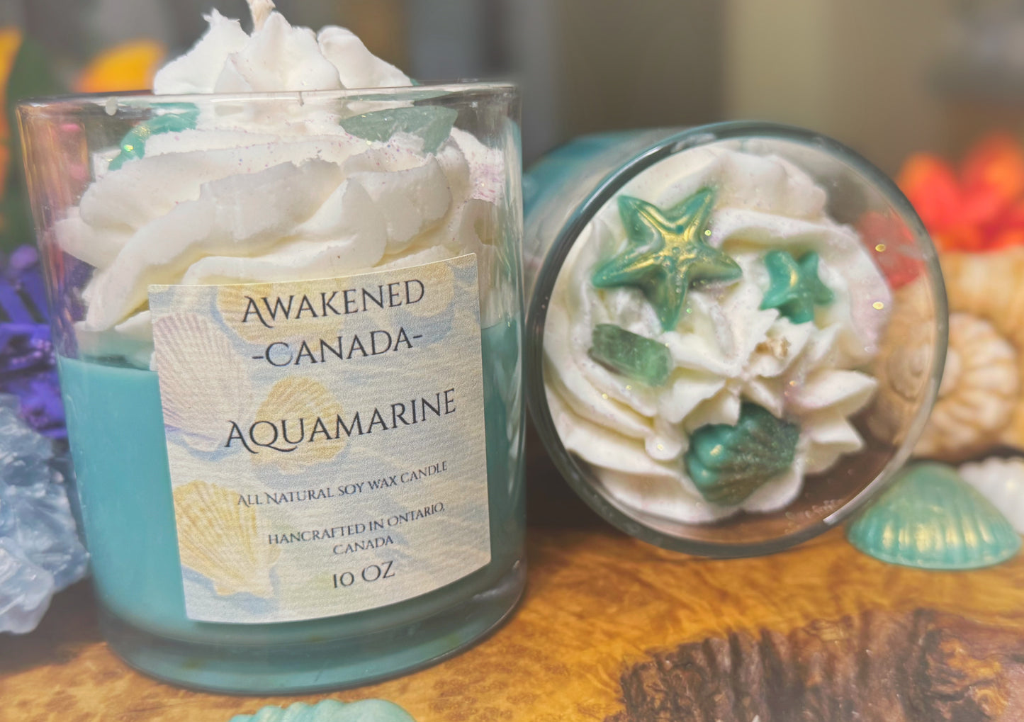 “Aquamarine” Hand Poured Soy Wax Candle with gemstone